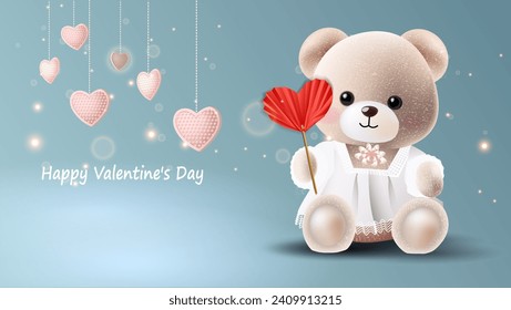 Adorable teddy bear with a heart. Valentine's Day greeting card. banner template