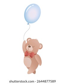 Ursinho adorável segurando um balão de hélio azul. Ilustração vetorial de um personagem bonito de brinquedo em cores pastel. Perfeito para design de aniversário, convites de festa, cartões de felicitações.