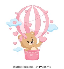 Oso de peluche adorable sobre un globo de aire caliente con corazones rosados aislados en un fondo transparente. Feliz Día de San Valentín. Ilustración vectorial.