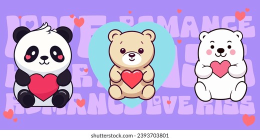 Adorable Teddy Bear, Panda, Polar Bear for Valentine’s Day. Vector Set Collection with Bears, Hearts in Flat Style
