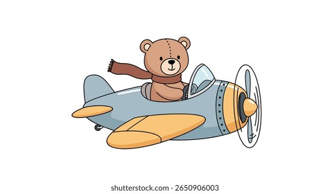 Adorable teddy bear pilot soars through the sky in a vintage aircraft