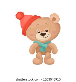 Adorable teddy bear with pink cheeks and shiny eyes wearing warm hat and scarf. Plush children toy. Flat vector design
