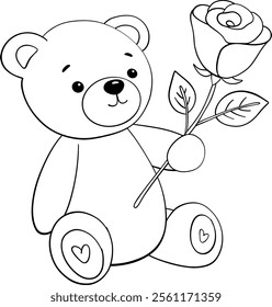 Adorable Teddy Bear with Rose Coloring Page