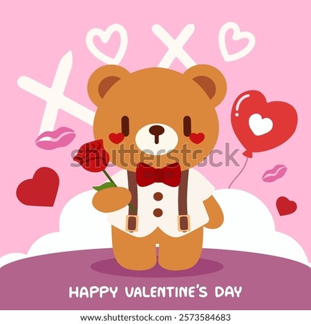 Adorable Teddy Bear with Rose and Heart Balloon for Valentine’s Day. Cute Valentine Bear in Bow Tie Holding a Rose.