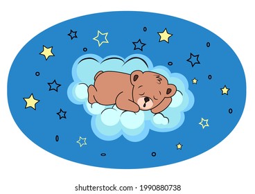 Adorable teddy bear sleeping on cloud in night sky