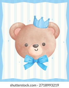 Rosto de sorriso de urso de pelúcia adorável com arco de fita azul e aquarela da coroa, aniversário bonito menino mão pintura ilustração