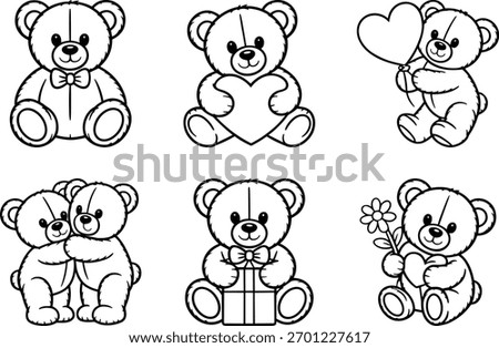 Adorable teddy bear vector set in line art style. Perfect for cards, kids designs, love themes, gifts, and nursery decorations. Fully editable and high-quality illustration.