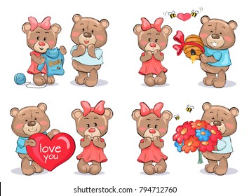 Adorable teddy bears couples, female in dress and male in T-shirt, exchange presents on Valentines day isolated cartoon flat vector illustrations set.