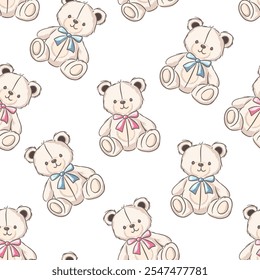 Adorable teddy bears in various colors seamless pattern create a charming design perfect for children textile