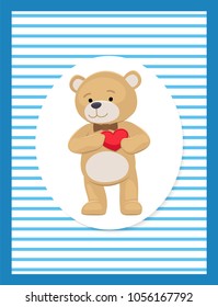Adorable teddy gently holds his heart on chest, lovely bear animal with red balloon or pillow, vector illustration greeting card design, Valentines day