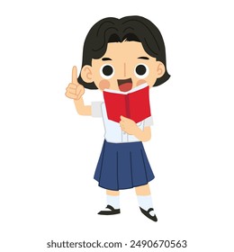 Adorable Thai Little Girl in School Uniform Reading - Kawaii Character