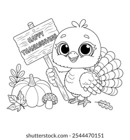 Adorable Thanksgiving coloring page featuring a cute cartoon turkey, surrounded by pumpkins, leaves, and a mushroom