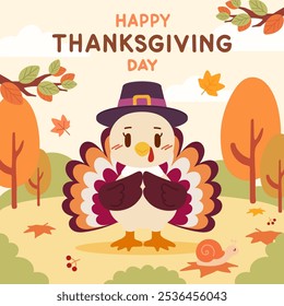 Adorable Thanksgiving illustration features a kawaii style turkey wearing a pilgrim hat in a cozy autumn forest, surrounded by colorful leaves and trees. 