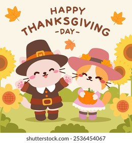 An adorable Thanksgiving illustration featuring two cartoon cats dressed in pilgrim outfits, surrounded by sunflowers and autumn leaves, celebrating with cheerful smiles.