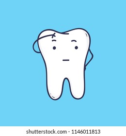 Adorable thoughtful tooth. Cute thinking mascot or symbol for dental or orthodontic clinic. Amusing cartoon character isolated on blue background. Colorful vector illustration in flat style.