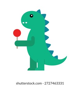 Dinosaurio tridimensional adorable que sostiene una sonrisa dulce de la piruleta aislada en el fondo blanco simple