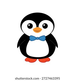 Adorable pingüino tridimensional con una pequeña pajarita posando lindo sobre fondo blanco ilustración
