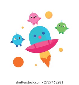 Adorable nave espacial tridimensional que lleva criaturas lindas aisladas sobre fondo blanco limpio