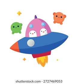Adorable three dimensional spaceship carrying cute creatures floating gently on white background