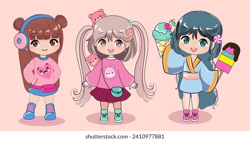 Adorable three little summer girl. Anime style set. Chibi girl. Vector cartoon illustration