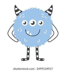 Adorable Three-Eyed Blue Monster Cartoon Vector Illustration - Cute, Friendly, Furry Creature with Horns, Striped Legs, and Happy Smile. Perfect for Kids' Designs, Fantasy Artwork and Playful Graphics