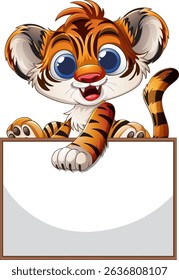 Adorable tiger cub holding a blank sign