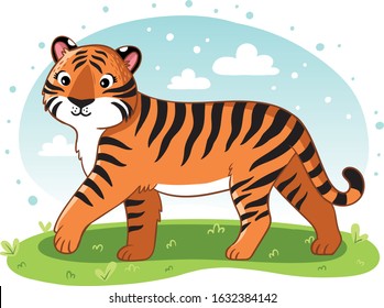 Adorable tiger. Exotic animals in tropical forest or rainforest. Flora and fauna of tropics. Cute funny inhabitants of jungle. Cartoon colorful vector illustration.
