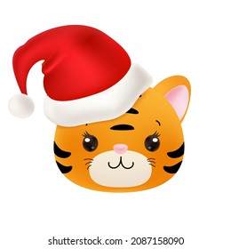 Adorable Tiger Head with Santa Hat. 2022 New Year Symbol. Cartoon style. Vector.