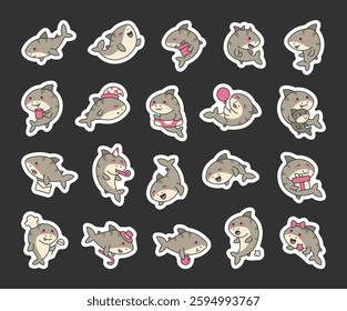Adorable tiger shark set with cute kawaii cartoon characters showing different emotions, holding accessories, celebrating, swimming, and interacting in various fun underwater and marine themed poses