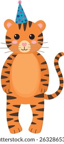 Adorable tiger wearing a birthday hat. Colorful illustration of party animal isolated on white