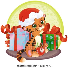 adorable Tiger-cub with Christmas gifts