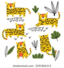 Adorable tigers in different playful poses surrounded by jungle leaves and plants on a white background. Wildlife and nature kids concept
