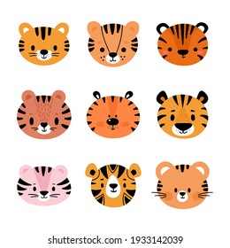 Adorable tigers. Set of cute cartoon animals portraits. Fits for designing baby clothes. Hand drawn smiling characters. Happy animal. Vector illustration