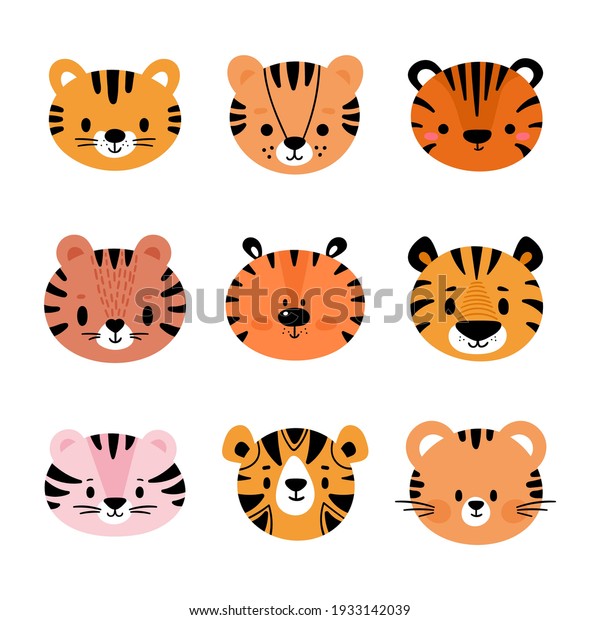 Adorable tigers. Set of cute cartoon animals\
portraits. Fits for designing baby clothes. Hand drawn smiling\
characters. Happy animal. Vector\
illustration