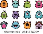 Adorable tiny monster collection with diverse shapes eyes and colors including purple house and blue paw print icon.
