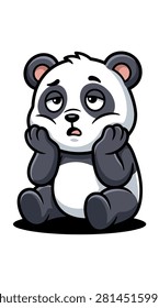 Adorable tired panda bear character sitting. Charming mascot illustration conveying exhaustion or boredom for stickers, web content, and relatable animal branding.