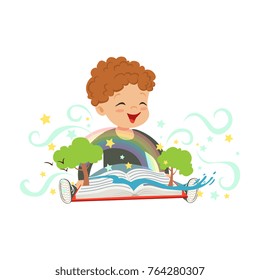 Adorable toddler boy having fun with magic pop-up book. Cheerful kid character with colorful imagination. Fantasy concept. Flat vector