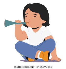 Adorable Toddler Character Sits On The Floor, Delicately Playing A Miniature Flute, Creating Sweet, Innocent Melodies That Fill The Room With Pure Joy And Charm. Cartoon People Vector Illustration