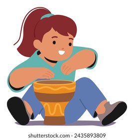 Adorable Toddler Girl Character Sits On The Floor, Joyfully Playing Small Drum, Creating Sweet, Innocent Melodies. Tiny Hands And Bright Eyes Radiate Pure Happiness. Cartoon People Vector Illustration