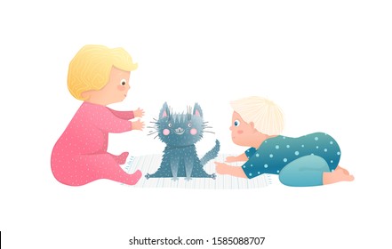 Adorable Toddlers kids boy and girl playing with puppy kitten together. Cute boy baby toddler and girl child having curious playtime with kitten. Funny hand drawn vector cartoon illustration.