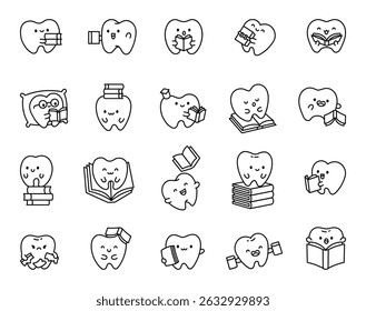Adorable conjunto de personajes de dientes que muestran emociones sonrientes sosteniendo un libro actividades de lectura con gafas que descansan sobre una almohada durmiendo y celebrando el éxito de la graduación para sus proyectos