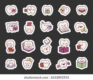 Adorable tooth character set showing smiling emotions holding a book reading activities wearing glasses resting on a pillow sleeping and celebrating graduation success for yours projects