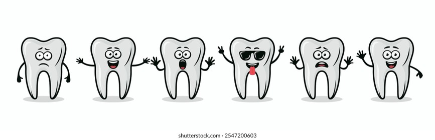 Adorables Personajes De Dientes Que Muestran Diferentes Emociones. Ilustración De Diente De Vector Plano - Expresiones Felices, Emocionadas, Tristes, Asustadas. Plantillas lindas del diseño del diente para los logotipos dentales, comercialización, marca dental