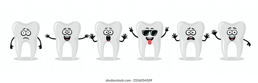 Adorable Tooth Characters Showing Different Emotions. Flat Vector Tooth Illustration - Happy, Excited, Sad, Scared Expressions. Cute Tooth Design Templates for Dental Logos, Marketing, Dental Branding