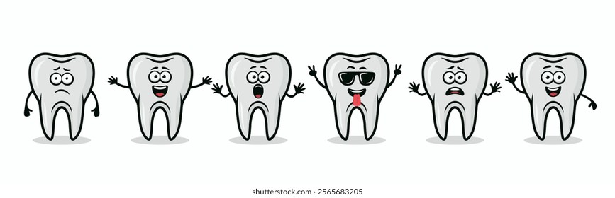 Adorable Tooth Characters Showing Different Emotions. Flat Vector Tooth Illustration - Happy, Excited, Sad, Scared Expressions. Cute Tooth Design Templates for Dental Logos, Marketing, Dental Branding