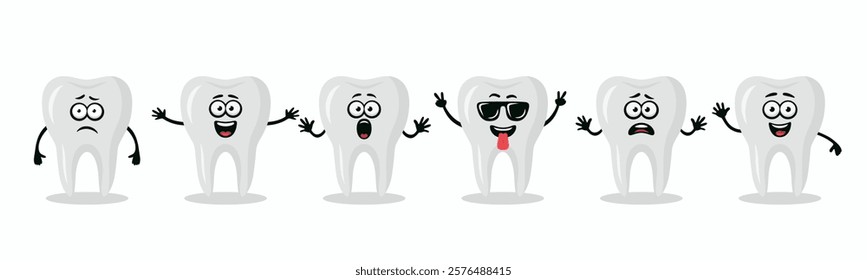 Adorable Tooth Characters Showing Different Emotions. Flat Vector Tooth Illustration - Happy, Excited, Sad, Scared Expressions. Cute Tooth Design Templates for Dental Logos, Marketing, Dental Branding