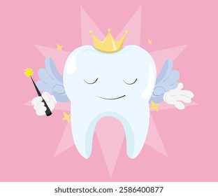 Adorable tooth fairy with a crown and wings, holding a glowing magic wand against a soft pink background. Ideal for children’s dental care promotions and fairy tale illustrations.