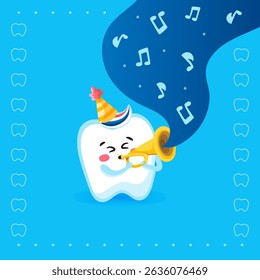 Adorable tooth mascot character playing a trombone on a blue background. Fun and musical dental-themed vector illustration for kids and health education materials.