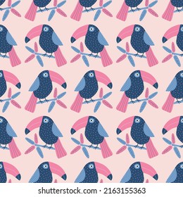 Adorable toucans and tropical leaves hand drawn vector illustration. Cute exotic bird in flat style. Seamless pattern for children fabric.