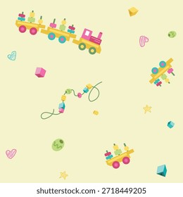 Adorable Toy Train and Beads Pattern in Soft Pastel Colors for Baby and Kids Vector Background